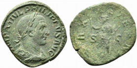 Philip I (244-249). Æ Sestertius (29.5mm, 16.09g, 11h). Rome, AD 244. Laureate, draped and cuirassed bust r. R/ Pax standing l., holding olive branch ...