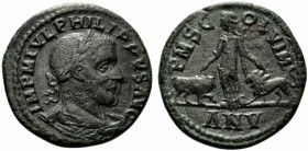 Philip I (244-249). Moesia Superior, Viminacium. Æ (29mm, 19.62g, 1h), year 5 (AD 244). Laureate, draped and cuirassed bust r. R/ Moesia standing faci...