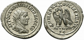 Philip I (244-249). Seleucis and Pieria, Antioch. BI Tetradrachm (29mm, 10.50g, 12h). Radiate, draped and cuirassed bust r. R/ Eagle standing l., with...