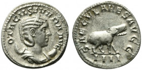 Otacilia Severa (Augusta, 244-249). AR Antoninianus (22mm, 4.98g, 12h). Rome, 248-9. Diademed and draped bust r., set on crestent. R/ Hippopotamus wal...