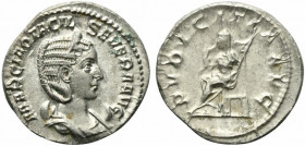 Otacilia Severa (Augusta, 244-249). AR Antoninianus (21mm, 4.47g, 6h). Rome, AD 245. Diademed and draped bust r., set on crescent. R/ Pudicitia seated...