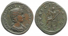 Otacilia Severa (Augusta, 244-249). Æ Sestertius (32mm, 21.14g, 12h). Diademed and draped bust r. R/ Pudicitia seated l., drawing veil from her face a...