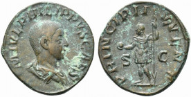 Philip II (Caesar, 244-247). Æ Sestertius (28mm, 19.83g, 12h). Rome, AD 246. Bare-headed and draped bust r. R/ Philip II in military attire, standing ...