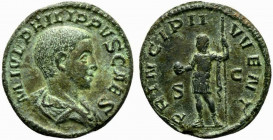 Philip II (Caesar, 244-247). Æ As (25mm, 7.47g, 12h). Rome. Draped bust r. R/ Philip II standing l., holding spear and globe. RIC IV 256b. Green tone;...