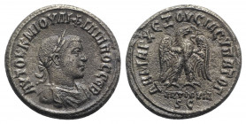 Philip II (247-249). Seleucis and Pieria, Antioch. BI Tetradrachm (27mm, 10.72g, 12h). AD 247. Laureate and draped bust r. R/ Eagle standing r., with ...