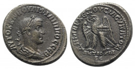 Philip II (247-249). Seleucis and Pieria, Antioch. AR Tetradrachm (28mm, 12.07g, 6h). AD 248-9. Laureate, draped and cuirassed bust r. R/ Eagle standi...