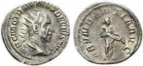 Trajan Decius (249-251). AR Antoninianus (22.5mm, 4.47g, 6h). Rome, AD 250. Radiate, draped and cuirassed bust r. R/ Abundantia standing r., emptying ...