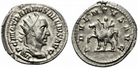 Trajan Decius (249-251). AR Antoninianus (23.5mm, 4.00g, 1h). Rome, AD 250. Radiate and cuirassed bust r. R/ Decius on horseback l. RIC IV 11b; RSC 4....