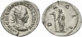 Trajan Decius (249-251). AR Antoninianus (23mm, 4.13g, 6h). Rome, AD 250. Radiate, draped and cuirassed bust r., seen from behind. R/ Dacia standing l...