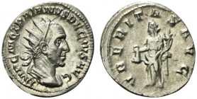 Trajan Decius (249-251). AR Antoninianus (22mm, 4.56g, 6h). Rome, AD 250. Radiate and cuirassed bust r. R/ Uberitas standing facing, head l., holding ...