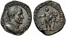 Trajan Decius (249-251). Æ Sestertius (26mm, 14.54g, 12h). Rome, AD 249. Laureate and cuirassed bust r. R/ Genius standing l., holding patera and corn...