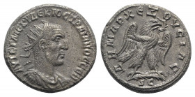 Trajan Decius (249-251). Seleucis and Pieria, Antioch. AR Tetradrachm (27mm, 10.34g, 12h). AD 249-250. Radiate, draped and cuirassed bust r., seen fro...