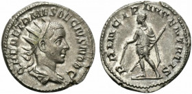 Herennius Etruscus (Caesar, 249-251). AR Antoninianus (21.5mm, 5.02g, 6h). Rome, AD 250. Radiate and draped bust r. R/ Etruscus standing l., holding b...