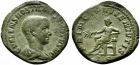 Hostilian (Caesar, 250-251). Æ Sestertius (31mm, 18.70g, 12h). Rome, AD 251. Bareheaded and draped bust r. R/ Apollo seated l., holding branch and lea...