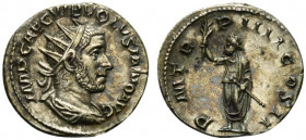 Volusian (251-253). AR Antoninianus (21mm, 3.76g, 7h). Rome, AD 253. Radiate, draped and cuirassed bust r. R/ Volusian standing l., holding branch and...