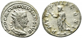 Volusian (251-253). AR Antoninianus (21mm, 3.68g, 6h). Rome, AD 253. Radiate, draped and cuirassed bust r. R/ Volusian standing l., holding branch and...