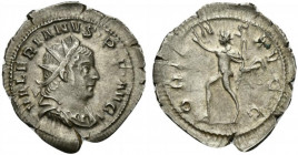 Valerian I (253-260). AR Antoninianus (24.5mm, 2.86g, 12h). Colonia Agrippinensis, 257-8. Radiate, draped and cuirassed bust r. R/ Sol advancing l., e...