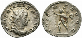 Valerian I (253-260). AR Antoninianus (22.5mm, 2.35g, 1h). Colonia Agrippinensis, 257-8. Radiate, draped and cuirassed bust r. R/ Sol advancing l., ex...