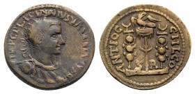 Valerian I (253-260). Pisidia, Antioch. Æ (22mm, 6.38g, 6h). Radiate and cuirassed bust r. R/ Vexillum surmounted by eagle between signa, each surmoun...