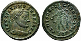 Galerius (Ceasar, 293-305) Æ Follis (27.5mm, 9.43g, 7h). Ticinum, 298-9. Laureate head r. R/ Genius standing l., holding patera and cornucopiae, star/...