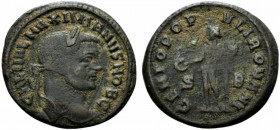 Galerius (Caesar, 293-305). Æ Follis (27.5mm, 9.50g, 11h). Siscia, AD 294. Laureate head r. R/ Genius standing l., holding patera and cornucopia; S-B....