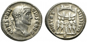 Constantius I (Caesar, 293-305). AR Argenteus (17.5mm, 3.28g, 7h). Rome, c. 295-7. Laureate head r. R/ Four tetrarchs sacrificing over tripod before c...