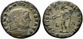 Constantius I (Caesar, 293-305). Æ Follis (26.5mm, 8.02g, 12h). Siscia, AD 300. Laureate and cuirassed bust r. R/ Genius standing l., holding patera a...