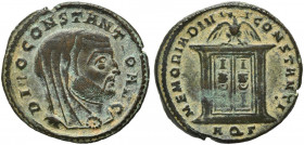 Divus Constantius I (died AD 306). Æ Follis (25mm, 6.55g, 6h). Aquileia, 307-310. Veiled head r. R/ Monumental altar, with doors closed and surmounted...