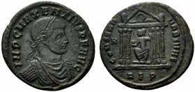 Maxentius (307-312). Æ Follis (25mm, 5.27g, 12h). Rome, 310-1. Laureate and cuirassed bust r. R/ Roma seated facing, head l., within hexastyle temple,...