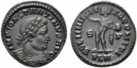 Constantine I (307/310-337). Æ Follis (21mm, 3.67g, 6h). Londinium, 313-4. Laureate and cuirassed bust r. R/ Sol standing l., extending arm and holdin...