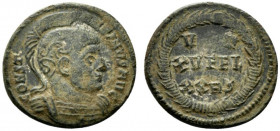 Constantine I (307/310-337). Æ Follis (19.5mm, 3.62g, 6h). Rome, AD 320. Helmeted and cuirassed bust r. R/ VOT XV FEL XX RS in three lines within wrea...