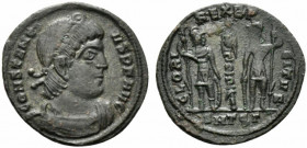 Constantine I (307/310-337). Æ Follis (17mm, 1.66g, 12h). Thessalonica, 336-7. Diademed, draped and cuirassed bust r. R/ Two soldiers flanking one sta...