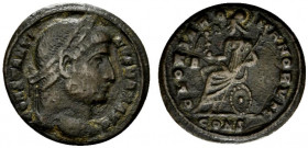 Constantine I (307/310-337). Æ Follis (19.5mm, 3.37g, 6h). Constantinople, 327-8. Pearl-and-rosette diademed head r. R/ Roma seated left on shield, ho...