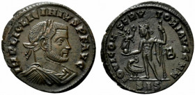 Licinius I (308-324). Æ Follis (23mm, 4.39g, 6h). Siscia, AD 313. Laureate, draped and cuirassed bust r. R/ Jupiter standing l., holding sceptre and V...