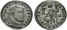 Licinius I (308-324). Æ Follis (22mm, 3.60g, 6h). Siscia, 315-6. Laureate head r. R/ Jupiter standing l., holding globe surmounted by Victory, leaning...