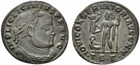 Licinius I (308-324). Æ Follis (23mm, 3.55g, 12h). Thessalonica, 312-3. Laureate, draped and cuirassed bust r. R/ Jupiter standing l., holding Victory...