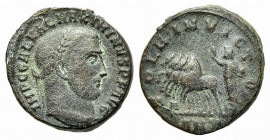 Maximinus II (310-313). Æ Follis (20mm, 6.28g, 11h). Antioch, AD 310. Laureate head r. R/ Sol in galloping quadriga l., raising hand and holding globe...