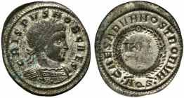 Crispus (Caesar, 316-326). Æ Follis (20mm, 2.38g, 6h). Aquileia, AD 321. Laureate, draped and cuirassed bust r. R/ VOT • V in laurel wreath; •AQS•. RI...