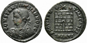 Constantine II (Caesar, 316-337). Æ Follis (19mm, 3.29g, 11h). Antioch, 330-4. Laureate, draped and cuirassed bust l. R/ Camp-gate with two turrets, s...