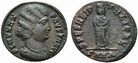 Fausta (Augusta, 324-326). Æ Follis (18mm, 2.53g, 6h). Heraclea, 327-329. Draped bust r., wearing necklace. R/ Salus or Fausta standing l., holding tw...