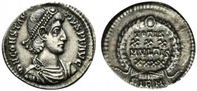 Constantius II (337-361). AR Siliqua (19.5mm, 2.12g, 5h). Sirmium, 351-5. Pearl-diademed, draped and cuirassed bust r. R/ VOTIS/XXX/MVLTIS/XXXX in fou...