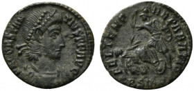 Constantius II (337-361). Æ (18.5mm, 2.35g, 12h). Sirmium, 351-5. Diademed, draped and cuirassed bust r. R/ Helmeted soldier l., spearing fallen horse...