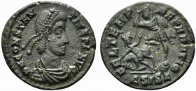 Constantius II (337-361). Æ (18.5mm, 2.77g, 6h). Siscia, 351-5. Pearl-diademed, draped and cuirassed bust r. R/ Soldier spearing falling enemy horsema...