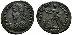 Constantius II (337-361). Æ (22.5mm, 3.62g, 1h). Cyzicus, 348-350. Diademed, draped and cuirassed bust l., holding globe. R/ Emperor standing l., hold...