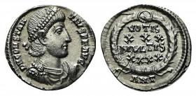 Constantius II (337-361). AR Siliqua (18mm, 2.03g, 12h). Antioch, 347-355. Pearl-diademed, draped and cuirassed bust r. R/ VOTIS/XXX/MVLTIS/XXXX in fo...