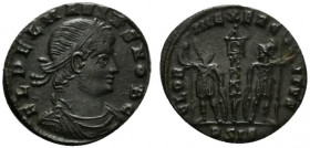 Delmatius (Caesar, 335-337). Æ Follis (16mm, 1.63g, 12h). Siscia, 335-6. Laureate, draped and cuirassed bust r. R/ Two soldiers standing facing one an...