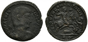 Magnentius (350-353). Æ Centenionalis (24.5mm, 5.47g, 12h). Rome, AD 350. Bareheaded, draped and cuirassed bust r.; A to l. R/ Magnentius riding horse...