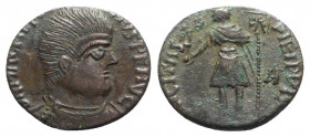 Magnentius (350-353). Æ Centenionalis (19mm, 4.23g, 12h). Contemporary imitation. Bareheaded, draped and cuirassed bust r. R/ Magnentius standing l., ...