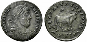 Julian II (360-363). Æ (27mm, 8.08g, 12h). Nicomedia, 361-3. Pearl-diademed, draped and cuirassed bust r. R/ Bull standing r. two stars above; palm-NI...