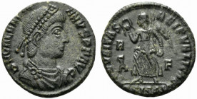 Valentinian I (364-375). Æ (17mm, 2.23g, 7h). Siscia, 367-375. Pearl-diademed, draped and cuirassed bust r. R/ Victory advancing l., holding wreath an...